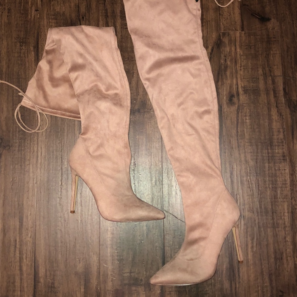 Pink Suede High Heeled Boots